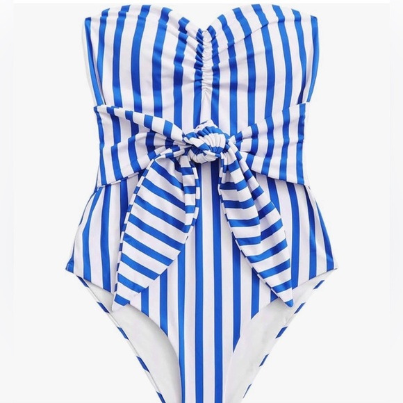 Blue and White Striped Women’s Swimsuit - Picture 1 of 4